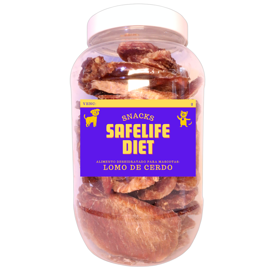 envase plastico de 700 gramos de lomo de cerdo con etiqueta safelife