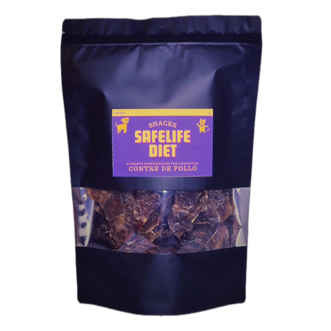 envase doypack de 300 gramos de contre de pollo con etiqueta safelife