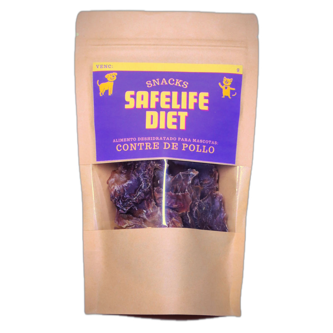 envase doypack de 40 gramos de contre de pollo con etiqueta safelife