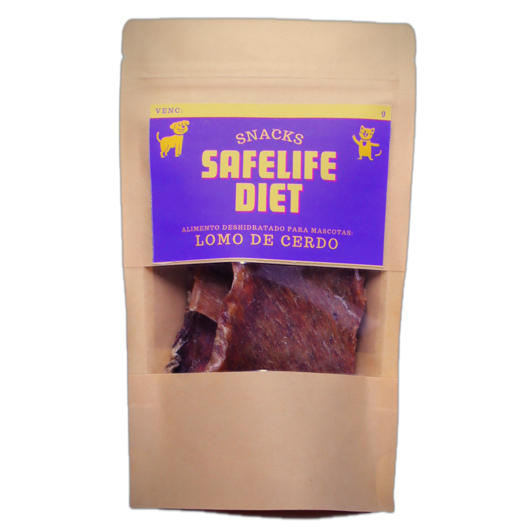envase doypack de 40 gramos de lomo de cerdo con etiqueta safelife