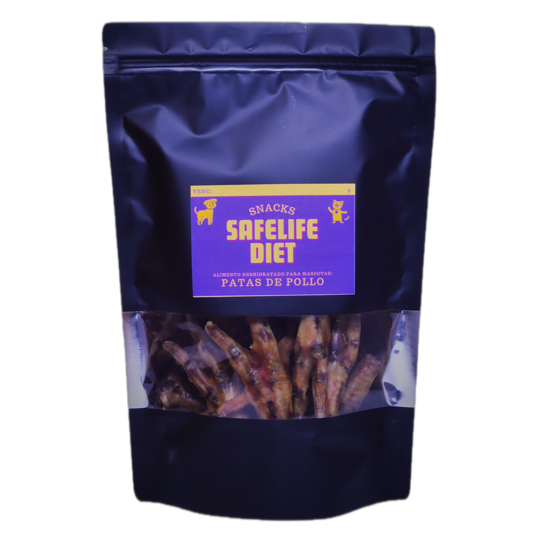 envase doypack de 300 gramos de patas de pollo con etiqueta safelife