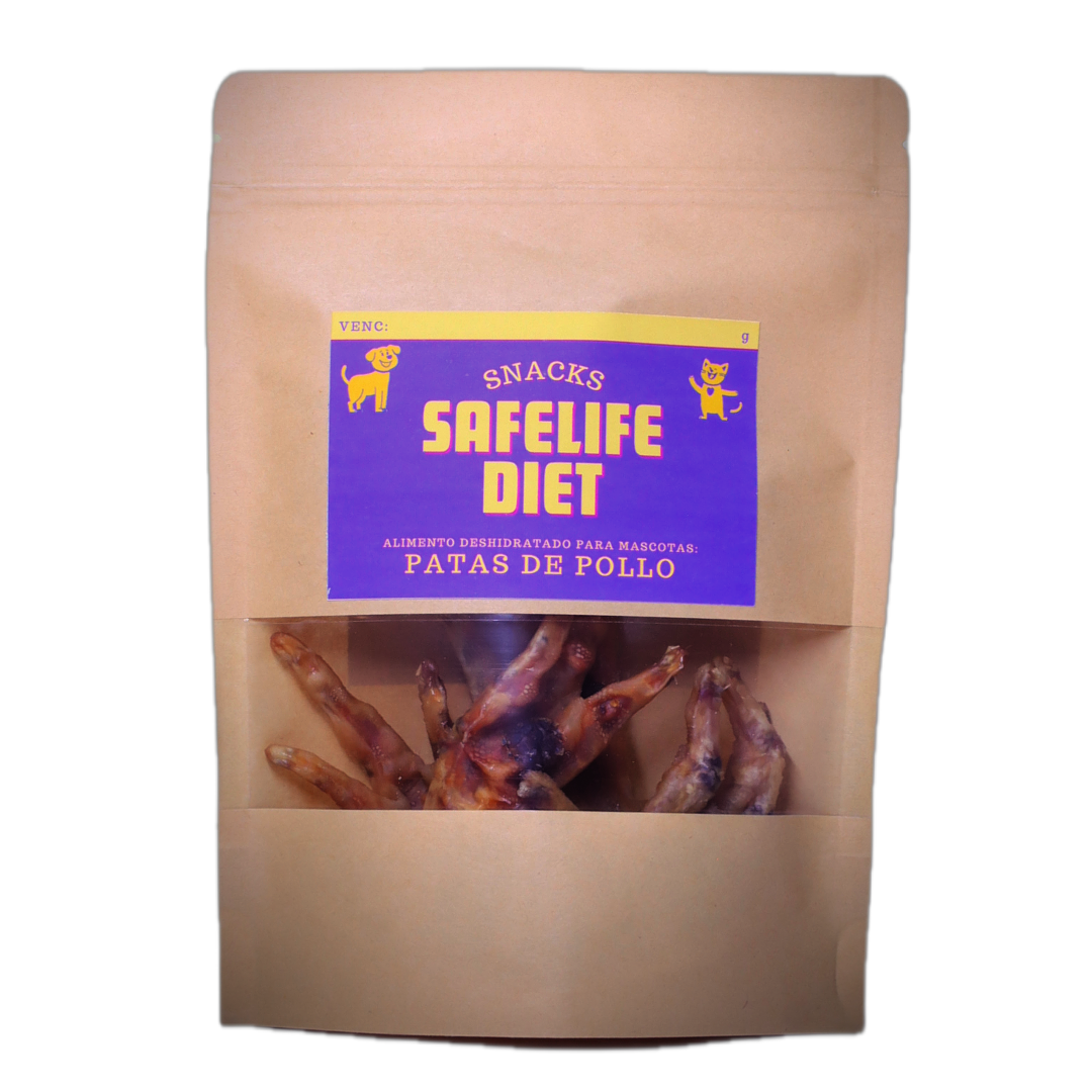 envase doypack de 40 gramos de patas de pollo con etiqueta safelife