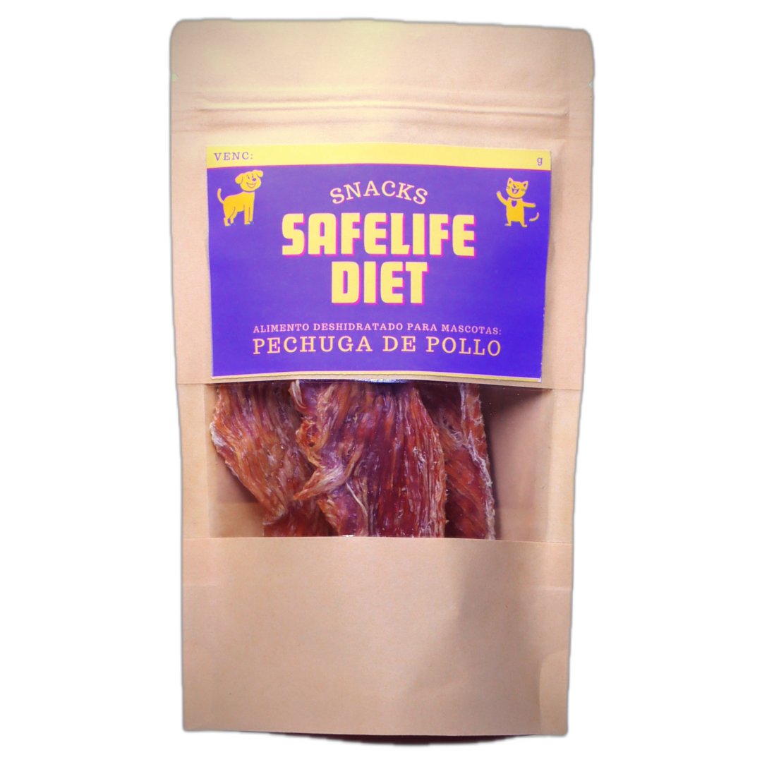 envase doypack de 40 gramos de pechuga de pollo con etiqueta safelife